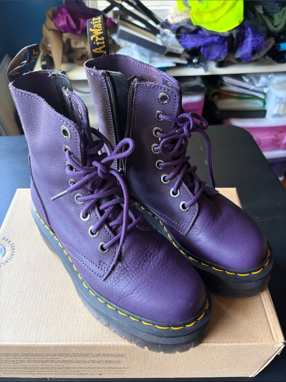 Dr. Martens Purple Combat Boots with Yellow Stitching